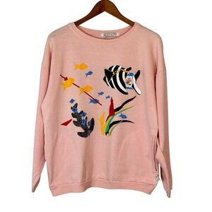 Vtg Swatch Pullover Sweatshirt Womans LG Pink Fish Graphic Print Pockets 80s